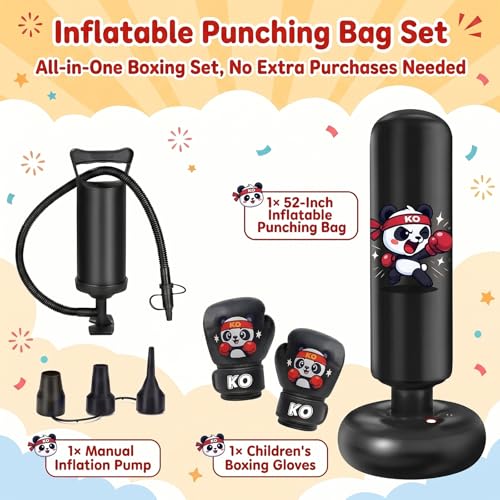 Inflatable Punching Bag for Kids: Qoosea 48 Inches Kids Bop Bag Boxing Gloves & Air Pump Dinosaur Toy Gift for Toddler & Kid Ages 3-8,Freestanding Punching Bag Easy to Inflate,Boxing Bag - color: Black