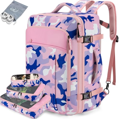 Lumesner 40L Expandable Carry On Travel Backpack with 4 Packing Cubes - color: Camouflage Pink, size: 20 inches