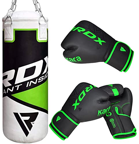 RDX Kids Punching Bag 2FT with Punch Gloves, Unfilled Boxing Set, Non Tear Maya Hide Leather Junior Hanging Bag, Kickboxing MMA Grappling Muay Thai Karate Taekwondo BJJ Training - color: Green