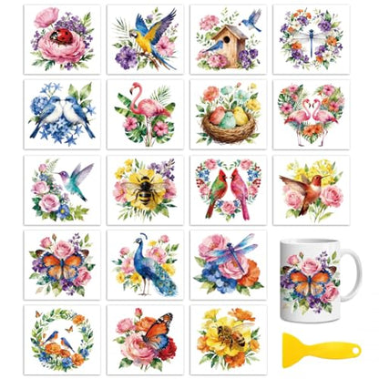 Peacoblue 18 Sheets Rub on Transfers for Crafts, Birds and Flowers 3.6"x3.9" UV DTF Cup Wraps Waterproof Rub on Cold Transfers Stickers for Wood Glass Metal Cup Tumblers Mirrors Mugs Home Decor - style: Birds and Flowers
