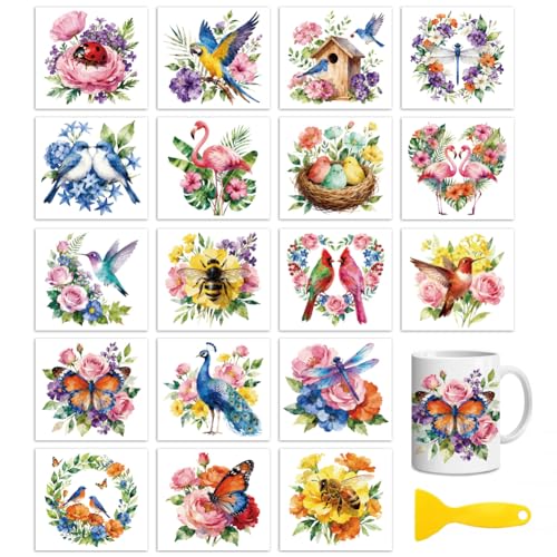 Peacoblue Birds and Flowers Rub On Transfers for Craft, Transfer Sticker | 18 Sheets UV DTF Transfers, Waterproof Rub On Decals for Wood, Glass, Furniture, Tumblers & Home Decor Crafts - style: Birds and Flowers