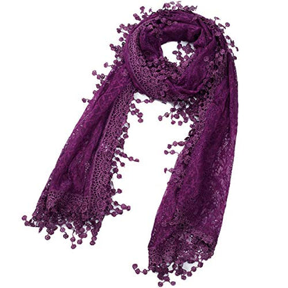 Cindy & Wendy Lightweight Soft Leaf Lace Fringe Scarf Bridal Shawl for Women - color: Purple-2