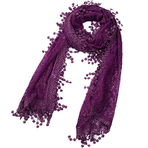 Cindy & Wendy Lightweight Soft Leaf Lace Fringe Scarf Bridal Shawl for Women - color: Purple-2