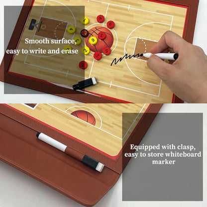 JIANNA Basketball Coaching Board 12.6" x 9.85" Folding Double-Sided Magnetic Dry Erase Strategy Board with Reinforced Stitching PU Cover, Thick Magnetic Player Tokens & Marker