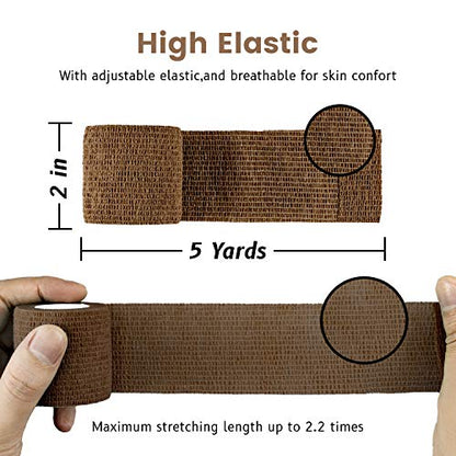 FRESINIDER 9 Rolls Self Adhesive Wrap Athletic Tape Gauze, Breathable Elastic Cohesive Bandage for Sports Injury & Pet (7 Pcs 2" x 5 Yards + 2 Pcs 1" X 5 Yards) (Brown) - color: Brown