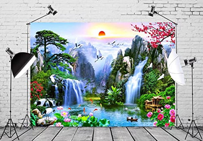 BELECO 9x6ft Fabric Fairyland Mountain Lake Photography Backdrop Waterfalls Swans Fish Flowers Dreamy Natural Landscape Painting Background Wall Murals Home Decor Kids Adults Portrait Photoshoot - size: 9x6FT