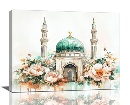 Islamic Wall Art Muslim Pictures Wall Decor Watercolor Arabic Medieval Prints Canvas Painting Framed Modern Artwork Home Decoration for Living Room Bathroom Bedroom Office 12"X16" - color: Mosque, size: 12"L x 16"W