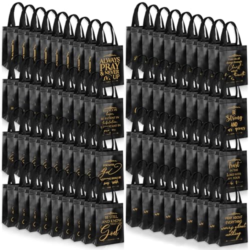 Aliceset 64 Pcs Christian Gift Bags Bulk with Handles for Church Favors Reusable Medium Bible Verse Religious Gift Bags Non Woven Welcome Totes for Baptism Vacation Bible School Gifts (Black) - color: Black