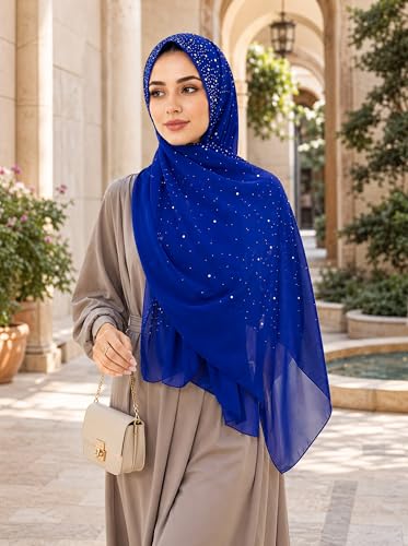 Chiffon Hijab Scarf for Women, Rhinestone Pearl Muslim Head Scarf, Lightweight Shawl Wrap - color: Royal Blue