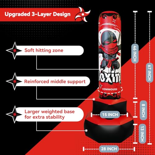 COMMOUDS 67inch Punching Bag for Kids, Inflatable Kids Boxing Set with Gloves, Fast Rebound Punching Bag for Practicing Karate, Taekwondo, MMA, Christmas/Birthday Gift for Boys Girls, Ages 6-14 - color: Red