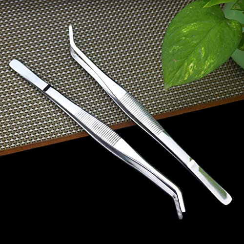 10 Inch Bent Tip Long Forceps Tweezers, Serrated Flat Tips Precision Curved Surgical Tongs Jewelers Needle Metal Sewing Sharp Kitchen Cooking Tweezers With Teeth Knurled Handles (1PCS-250mm) - color: Bent -1pcs-10inch