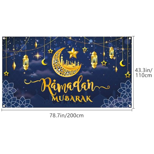 Ramadan Mubarak Banner, Large Fabric Muslim Ramadan Kareem Backdrop Decorations, Ramadan Sign Photo Booth Backdrop Background for Muslim Ramadan Party Supplies, 78 x 43INCH