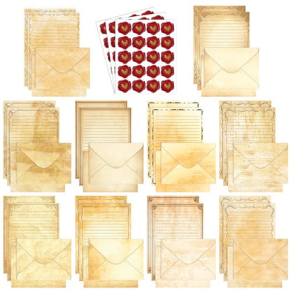 TaoBary 160 Pcs Stationery Paper Set 50 Double Sided Stationery Papers with 50 Matching Envelopes and 60 Round Dot Sticker, 10 Design(Vintage,5.5 x 8.25 Inch) - size: 5.5 x 8.25 Inch, style: Vintage