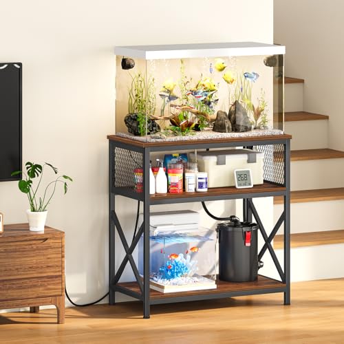 Snughome 29 Gallon Aquarium Stand with Charging Station, Heavy Duty Fish Tank Stand with Storage Cabinet, Metal Aquarium Stand Fits 20 Long, 29 & 30 Gallon Tanks, 350 LBS Capacity, Rustic Brown - color: Brown With Outlet, size: 29 Gallon