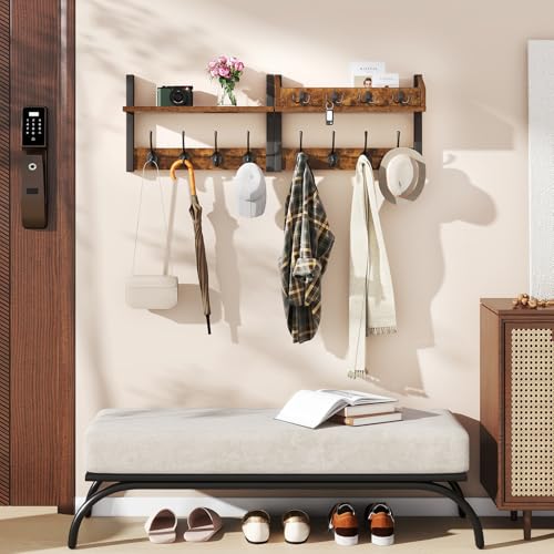 YMYNY 31.5" Coat Rack Wall Mount with Shelf, 4 in 1 Key and Coat Hanger with 12 Metal Hooks, Wall Shelf with Hooks & Mail Holder for Living Room, Bedroom, Rustic Brown, HWS007H-2 - color: Rustic Brown, size: 31.5" - 4-in-1
