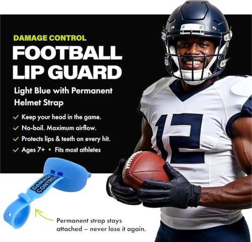 DAMAGE CONTROL Mouthguard with Permanent Helmet Strap, Youth Mouth Guard to Protect Lips & Teeth, No Boiling Pacifier, Breathable Binky Mouthpiece, Football Mouthpiece, Works with Braces (Light Blue) - color: Light Blue