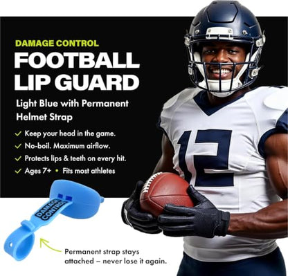 DAMAGE CONTROL Mouthguard with Permanent Helmet Strap, Youth Mouth Guard to Protect Lips & Teeth, No Boiling Pacifier, Breathable Binky Mouthpiece, Football Mouthpiece, Works with Braces (Light Blue) - color: Light Blue