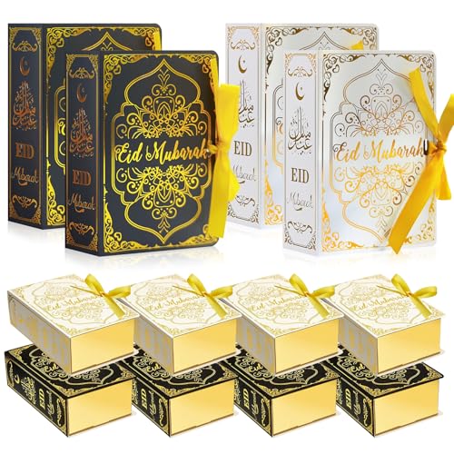 Jremreo 12 Pcs Ramadan Eid Mubarak Favor Boxes - Square Candy Ramadan Box with Golden Ribbon - Gift Treat Box Party Favors for Eid Party Decoration Supplies, Snack, Sugar, Chocolate, Goodie, Toy, etc