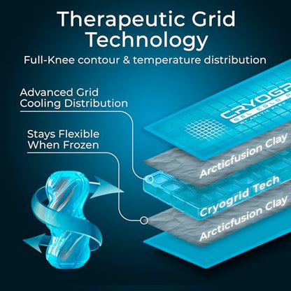 Cryogrid Knee Ice Pack Wrap - Reusable Cold Therapy Knee Ice Brace for Pain Relief, Swelling, Surgery Recovery, Arthritis, Patella & Meniscus Tear - Adjustable Compression Clay/Gel Wrap for Injuries
