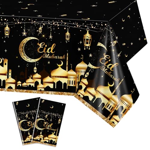 PHOGARY Eid Decorations 2 Pcs Eid Mubarak Tablecloth, Ramadan Mubarak Tablecloth Disposable Rectangle Plastic Ramadan Kareem Table Covers for Eid Al-fitr Party Ramadan Decorations 54" X108", Black