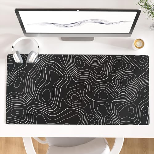 Faux Leather Large Mouse Pad, Office Desk Mat, 31.5"x15.7", Topography Map | Desk Décor Accessories, Extended Size, Waterproof & Easy to Clean, Smooth Surface, Non Slip Desk Organization - color: Black Topographic, size: 31.5L x 15.7W inches