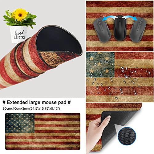 Desk Mat, Extended Gaming Mouse Pad, Large Keyboard Mouse Mat XXL, American Flag Full Desktop Mousepad with Stitched Edges & Non Slip Rubber Base Mice Pad for Office and Home 31.5"x15.75" - color: B-dark Red Flag