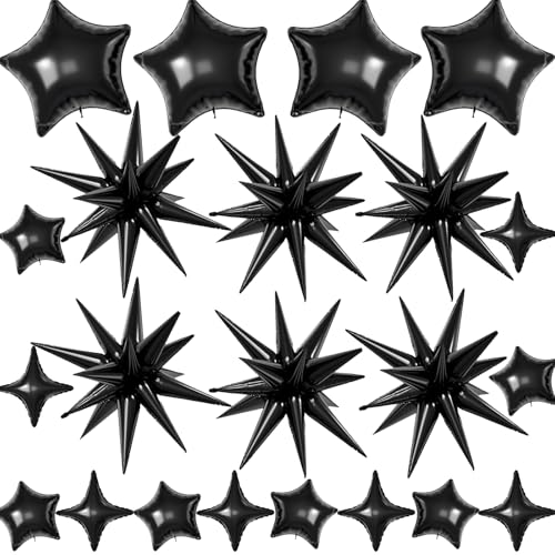 22 Pcs Black Star Balloons,22/18/10 Inch Star Foil Mylar Balloon,Spike Balloon and Four Pointed Balloons for Party Supplies Christmas Birthday Wedding Photo Booth (Black) - color: Black