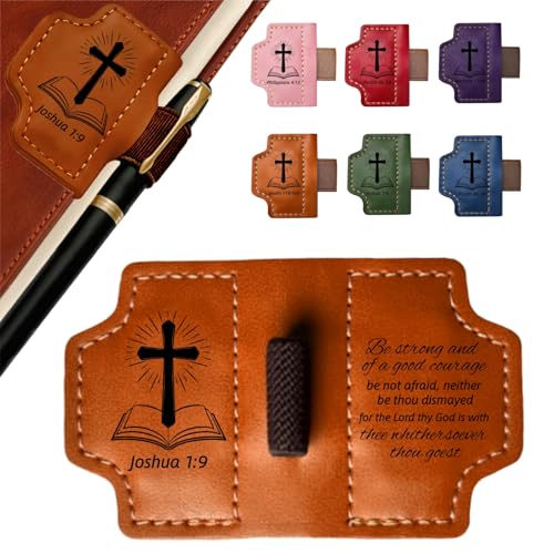 MOTEERLLU Bygone Mark Personalized Magnetic Leather Bookmark Pen Holder, Christian Gifts, Inspirational Bible Book Marks for Reading Women, Men, Teachers, Book Lover(Brown Joshua 1:9) - color: Brown, size: Joshua 1:9