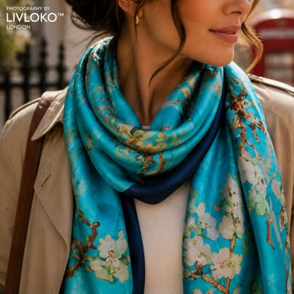 LONDON Women’s Satin Silky Scarf Gift Box Large Lightweight Silky Smooth Shawl Wrap for Hair, Head, Neck or Hijab - color: Almond Blossom - Box