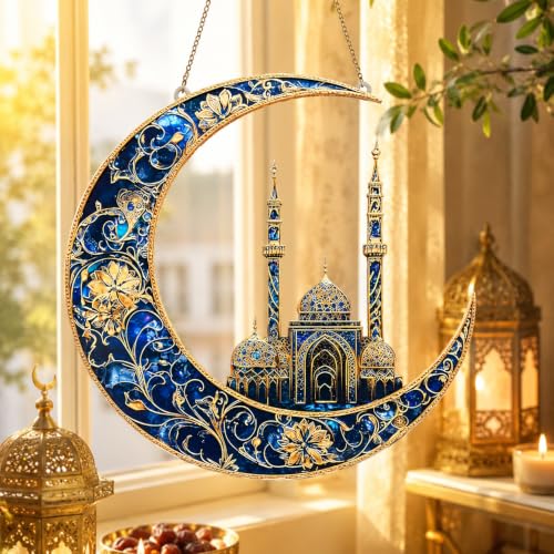Ramadan Decorations for Home, 2D Flat Acrylic Crescent Moon Palace Suncatcher, Aesthetic Window Wall Hanging Holiday Decor