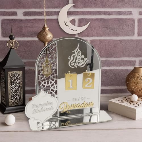 Acrylic Ramadan Countdown Calendar 2026, Silver Eid Mubarak 30 Day Advent Calendar, Ramadans Decorations for Home, Indoor Islamic Table Stand Fireplace Office Desk Decor, Muslim Kids for Gifts