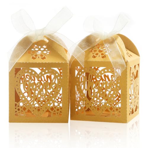 COTOPHER Laser Cut Boxes, 100pcs Thank You Gift Boxes Wedding Party Favor Boxes Lace Candy Boxes for Wedding Bridal Shower Baby Shower Birthday Party Decorations with Ribbons (2x2x2.75inch, Gold, 100) - color: Mustard Yellow, size: 1 Count (Pack of 100)