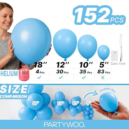 PartyWoo 라이트 블루 풍선 152피스 다양한 사이즈 팩 45.7cm(18인치), 30.5cm(12인치), 25.4cm(10인치), 12.7cm(5인치) 베이비 파스텔 블루 풍선 아치 키트, 베이비 샤워, 성별 공개 졸업 인어 생일 수영장 파티 장식 블루-Y20 - color: 블루-y20