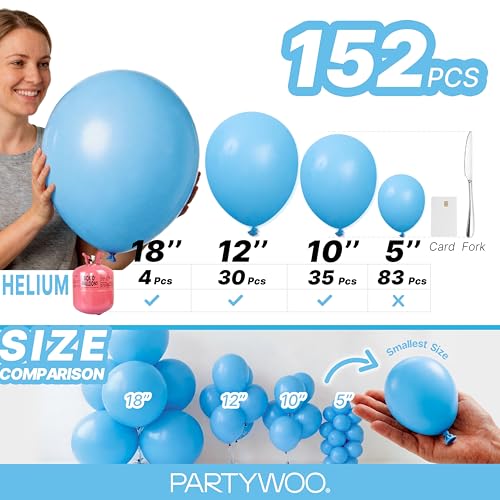 PartyWoo 라이트 블루 풍선 152피스 다양한 사이즈 팩 45.7cm(18인치), 30.5cm(12인치), 25.4cm(10인치), 12.7cm(5인치) 베이비 파스텔 블루 풍선 아치 키트, 베이비 샤워, 성별 공개 졸업 인어 생일 수영장 파티 장식 블루-Y20 - color: 블루-y20