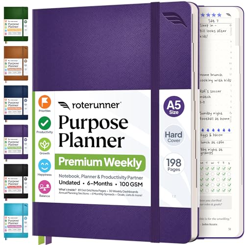 Roterunner Purpose Planner Notebook A5 5.8”x8.3” Undated 2026 Daily Weekly and Monthly Productivity Goal Setting Tool for Work Home ADHD Planner for Adults Self Care Journal (Purple Hardcover) - color: Purple, size: A5 Hardcover