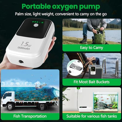 Aquarium Air Pump Rechargeable Aerator for Bait Bucket, Portable Battery Powered Air Pump for Aquarium, Fish Tank Air Pump Bubbler Aerator for Outdoor Fishing (1.5w)