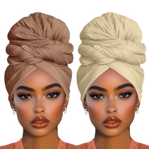 COOKOO 2 Piece Stretch Head Wrap Long Solid Color Jersey Turban African Women's Headwrap Long Fashion Head Scarfs Super Soft Head Bands for Women(Camel+Beige) - color: Camel+Beige