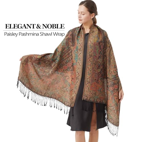Paisley Pashmina Rave Shawl Scarf-Women's Reversible Ethnic Jacquard Pashmina Wraps for Travel - color: A#. Black Green Plum