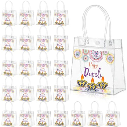 Aliceset 24 Pcs Happy Diwali Clear PVC Gift Bags with Handle, Clear PVC Diwali Goodie Bags Reusable Party Favor Bag for Indian Deepavali Party Supplies(tea Light, 6.31"x 5.91"x 3.15") - style: Tea Light