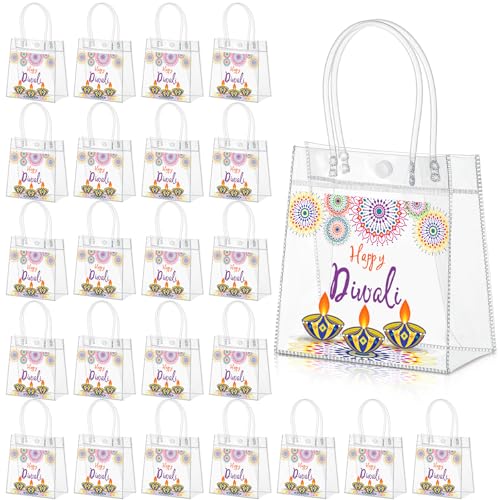 Aliceset 24 Pcs Happy Diwali Clear PVC Gift Bags with Handle, Clear PVC Diwali Goodie Bags Reusable Party Favor Bag for Indian Deepavali Party Supplies(tea Light, 6.31"x 5.91"x 3.15") - style: Tea Light