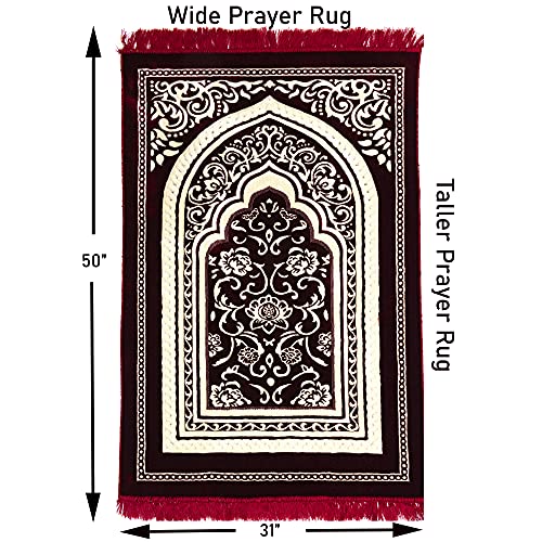 Modefa Turkish Islamic Velvet Prayer Rug - Thick & Wide Soft Praying Carpet for Men & Women - Large Prayer Mat - Eid & Ramadan Gift - with Kufi Cap, Beads & Car Hanger - Double Plush (Floral Red) - color: Floral Arch - Red
