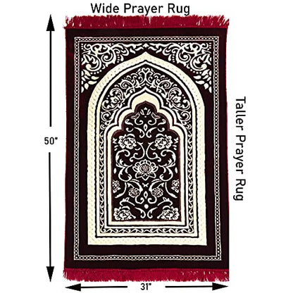 Modefa Turkish Islamic Velvet Prayer Rug - Thick & Wide Soft Praying Carpet for Men & Women - Large Prayer Mat - Eid & Ramadan Gift - with Kufi Cap, Beads & Car Hanger - Double Plush (Floral Red) - color: Floral Arch - Red