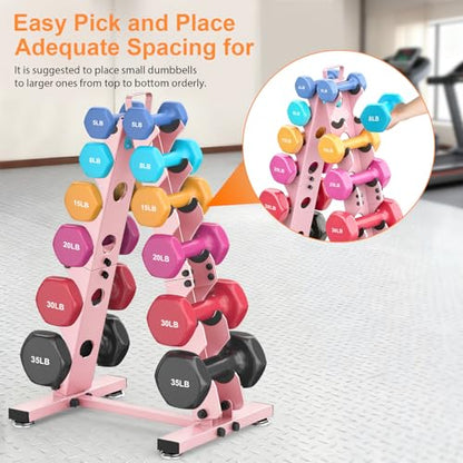 TomCare 6-Tier|5-Tier|4-Tier|2-Tier Dumbbell Rack Stand Only for Home Gym | Stable A-Frame, Fits 5–35 lb Dumbbells, Protective Padded Cradles, Adjustable Feet, Easy-Carry Handle (Stand Only) - color: Pink, size: 6 Tier
