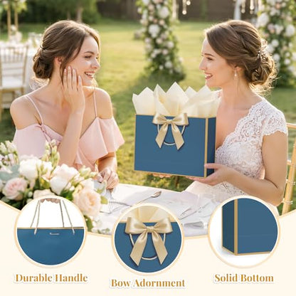 ANZNKU 2PCS Blue Gift Bags Set, Medium Gift Bags with Handles 4 Tissue Paper 2 Ribbons 2 Cards for Women & Men Wedding Birthday Graduation Bridal Baby Shower Engagement Party Favors Present Wrap - color: Navy Blue