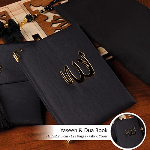BABY SHOWER CHOCOLATE Prayer Rug Islamic Gift Set, Velvet Prayer Mat, Prayer Beads, Scarf and Yaseen Book, Perfect Family and Muslim Eid Gifts (Black) - color: Black