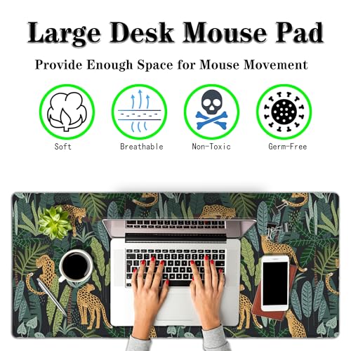 Extra Large Mouse Pad Yellow Green Office Desk Mats Gaming Mousepad Ga Mouse Pad Non-Slip Rubber Base Waterproof with Stitched Edges 35.4" X 15.7" for Game Office, Tropical Leaves - color: Leopard/Tropical Leaves