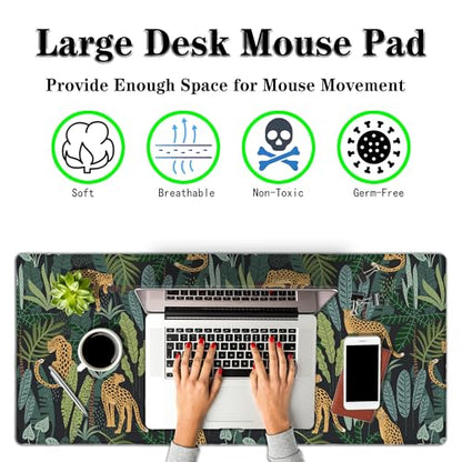 Extra Large Mouse Pad Yellow Green Office Desk Mats Gaming Mousepad Ga Mouse Pad Non-Slip Rubber Base Waterproof with Stitched Edges 35.4" X 15.7" for Game Office, Tropical Leaves - color: Leopard/Tropical Leaves