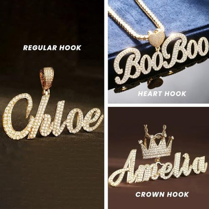 Lulu Mel Iced Out Personalized Cursive Name Necklace For Trendy Women, Custom Handmade Nameplate Pendant With Cuban Link Chain, White Gold Plated Hip Hop CZ Diamond Jewelry Gifts - color: Brust Letter Gold