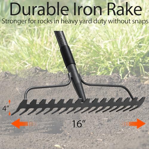 Bow Rake, Detachable Heavy Duty Metal Garden Rake for Loosening Soil, Leveling Lawn, Leaves Cleaning,63 Inch Long Handle Yard Rock Rake for Gardening,17 Prongs Leaf RakeThatch Rake for Lawn