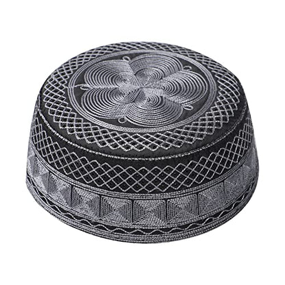 Muslim Prayer Kufi Hat for Men Boys Islamic Beanie Skull Cap Prayer Headwear Embroidery Kofia Topi Sun Hat Ramadan Eid Gift - color: Dark Grey, Chain Embroidery